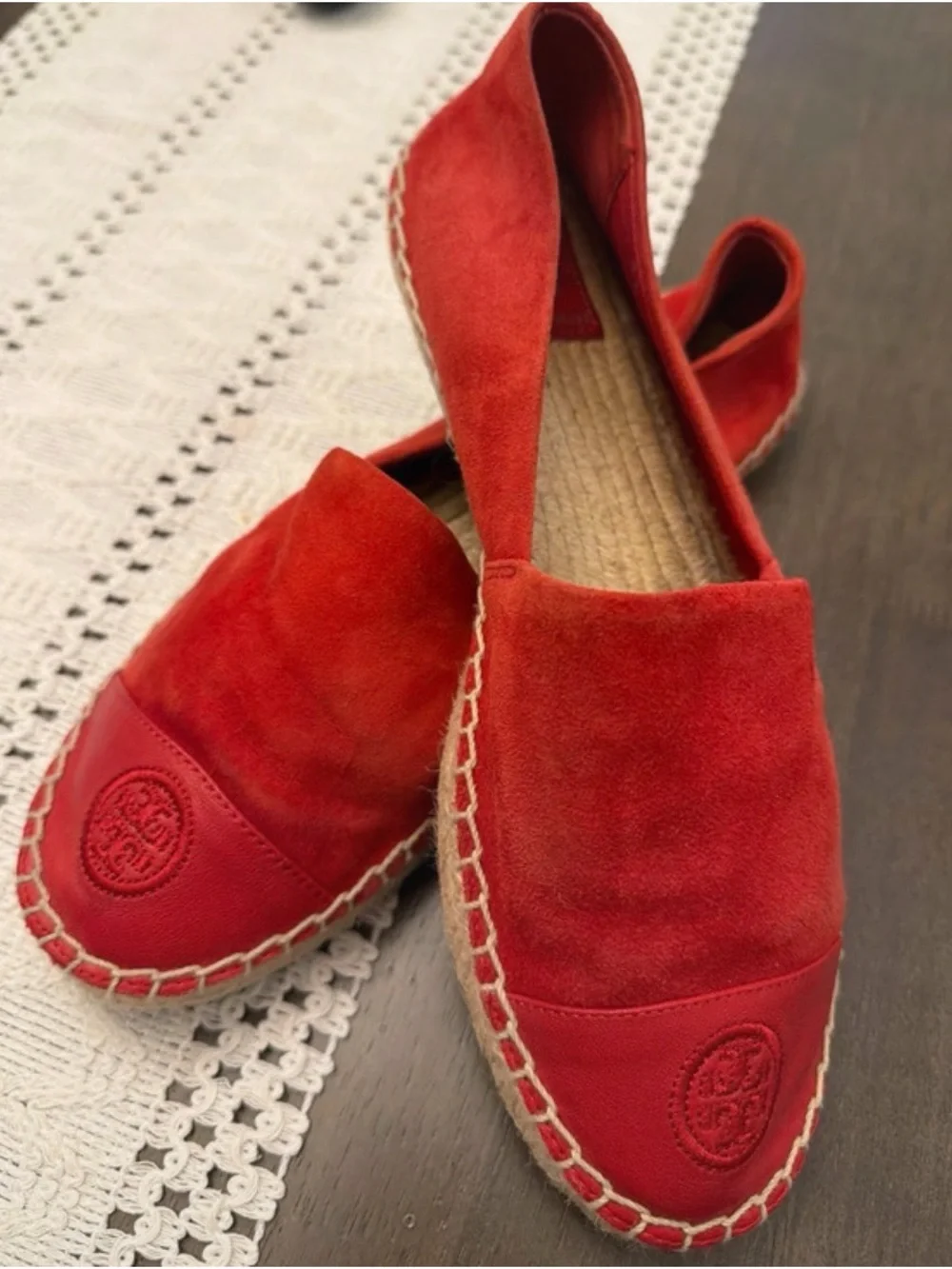 Tory Burch Red Suede Espadrille Slip-Ons with Logo Cap Size 8